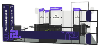 Illustrative exhibitor stand with fascia board, counter, poster panel and spotlight